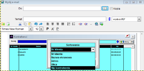 Wysyłka e-mail - sortowanie kontrahentow