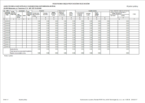 Wydruk podatkowej książki przychodów i rozchodów - podsumowanie